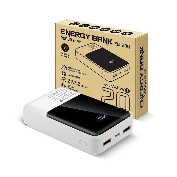 Batteria esterna da 20.000 mAh, 2 porte USB, 1 porta USB-C da 22,5 W, QC4+, schermo LCD, colore bianco.