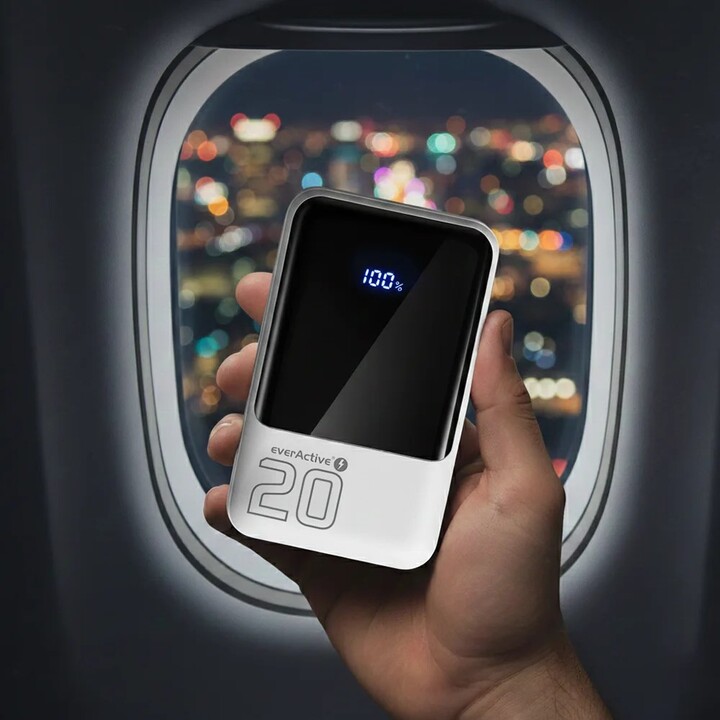 Bateria externa de 20.000 mAh, 2 portas USB, 1 porta USB-C de 22,5 W, QC4+, tela LCD, cor branca.