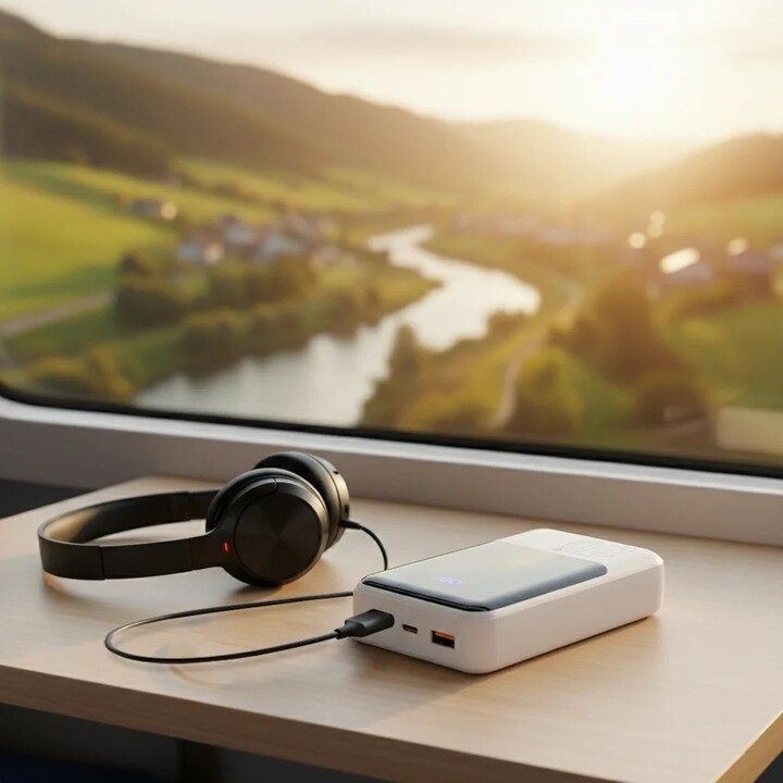 Batteria esterna da 20.000 mAh, 2 porte USB, 1 porta USB-C da 22,5 W, QC4+, schermo LCD, colore bianco.