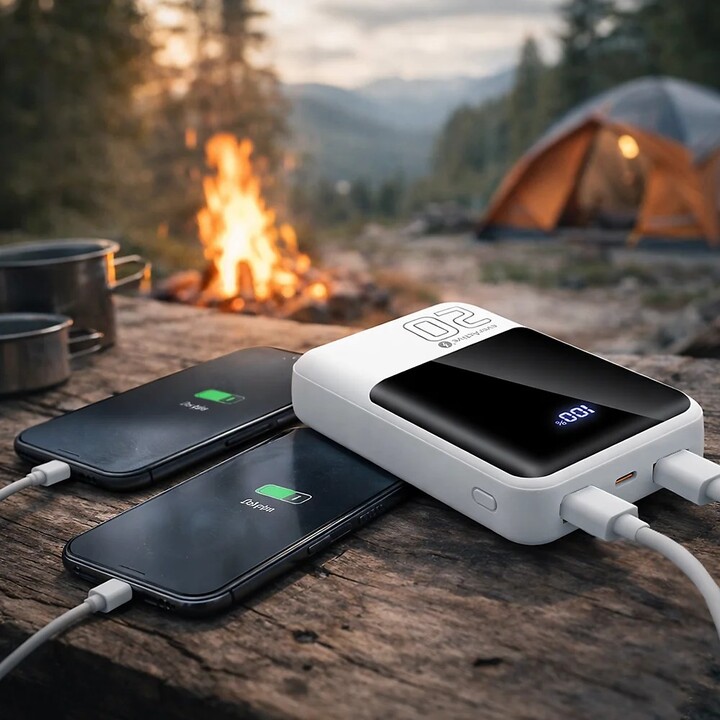 Bateria externa de 20.000 mAh, 2 portas USB, 1 porta USB-C de 22,5 W, QC4+, tela LCD, cor branca.