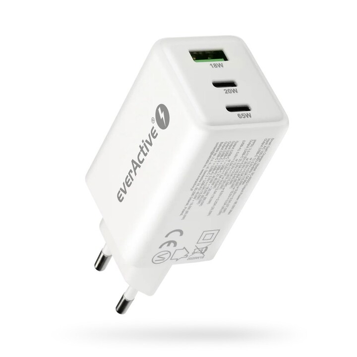 Cargador GaN 1 x USB, 2 x USB-C Carga rápida 4+ 65W blanco
