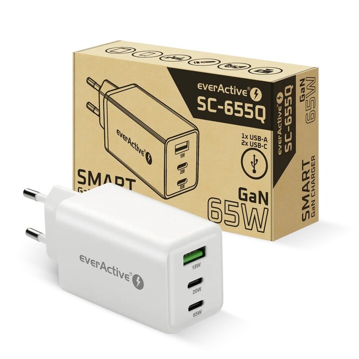 Cargador GaN 1 x USB, 2 x USB-C Carga rápida 4+ 65W blanco