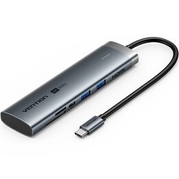 Docking USB Type-C Vention TPSHB/ 1xHDMI 4K/ 2xUSB/ 2xUSB Type-C/ 1xRJ45/ 1xUSB Type-C PD/ 1xLeitor de Cartões/ Cinza