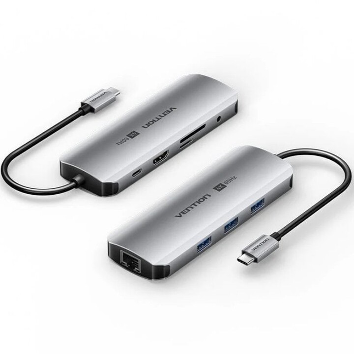 Docking Vention TQLHB USB Type-C/ 1xHDMI 4K/ 3xUSB/ 1xUSB Type-C PD/ 1xRJ45/ 1xConector de 3,5 mm/ 1xLeitor de Cartões/ Cinza