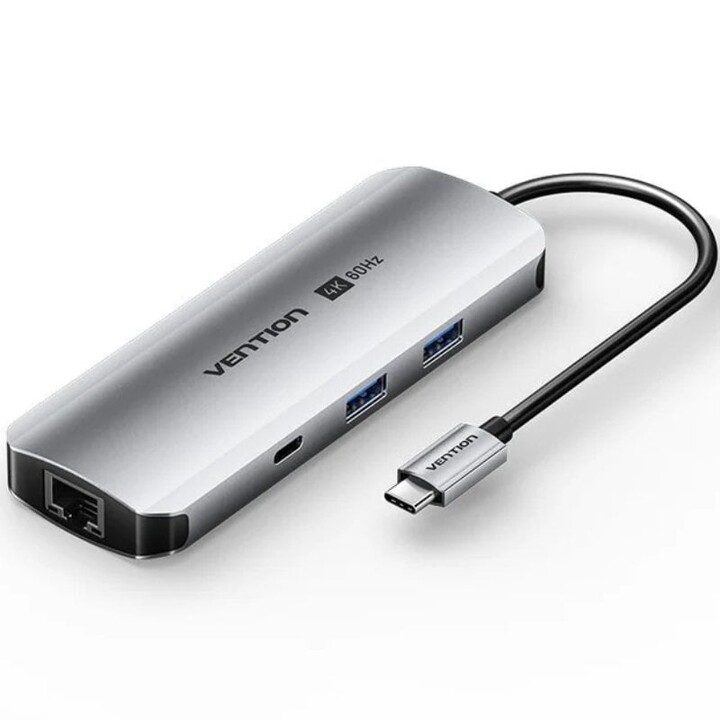 Docking USB Tipo-C Vention TQMHB/ 1xHDMI 4K/ 2xUSB/ 1xUSB Tipo-C/ 1xJack 3.5mm / 1xRJ45/ 1xUSB Tipo-C PD/ 1xLector Tarjetas/ Gri