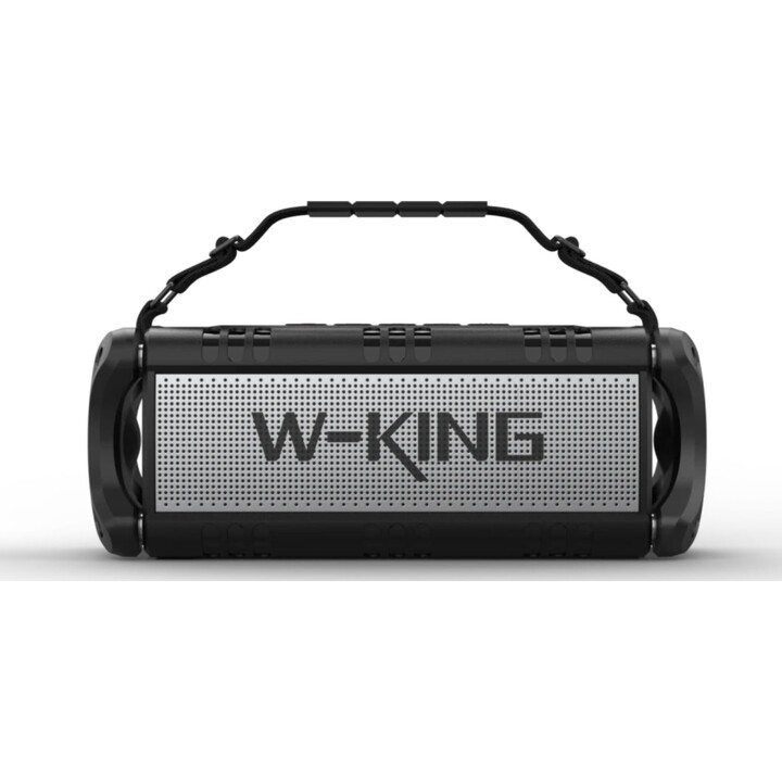 Caixa de som sem fio Bluetooth W-KING D8 nas cores preta e prata.
