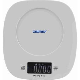 Bilancia da cucina elettronica Zelmer ZKS1450, bianca, da appoggio e quadrata.