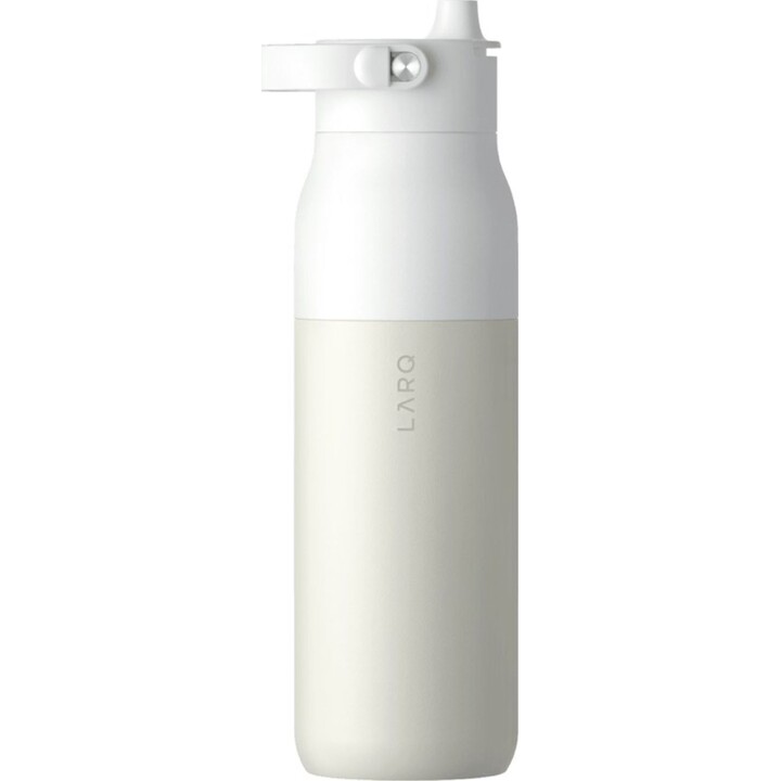 Garrafa térmica LARQ PureVis 2 para uso diário, fitness, caminhadas e esportes, 680 ml, aço inoxidável, bege e branca.