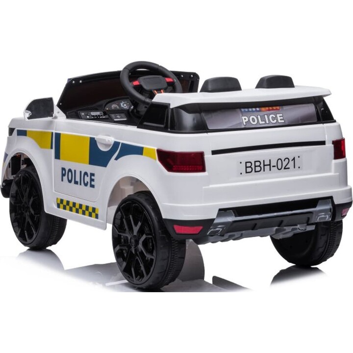 BBH-021 Carro com luzes LED, música e controle remoto, cor branca de viatura policial, funciona a bateria.