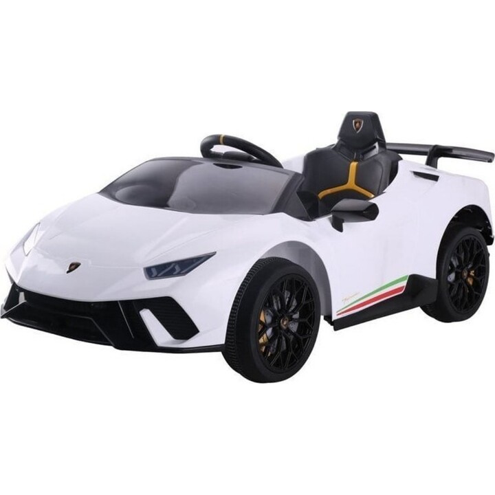 Lamborghini Huracán electric car with remote control, LED lights and MP3 player, white color.