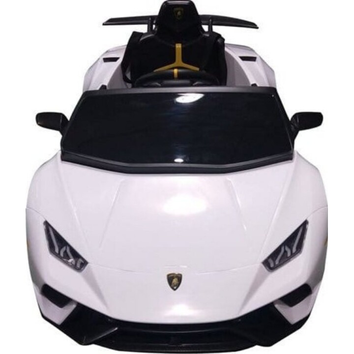Lamborghini Huracán elétrico com controle remoto, luzes de LED e leitor de MP3, cor branca.