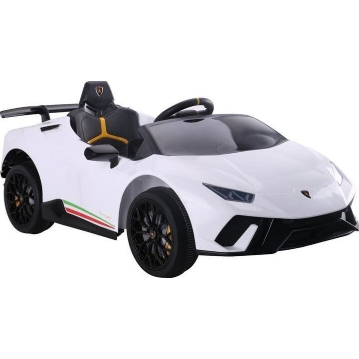 Coche eléctrico Lamborghini Huracán con control remoto, luces LED y reproductor MP3, color blanco.