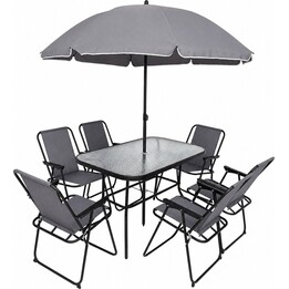 Conjunto de muebles de jardín: mesa, sillas, sombrilla metálica para balcón, terraza o jardín.