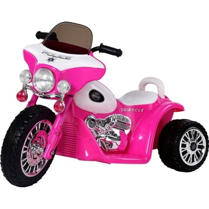 Triciclo policial infantil JT568 movido a bateria, com LED rosa escuro.
