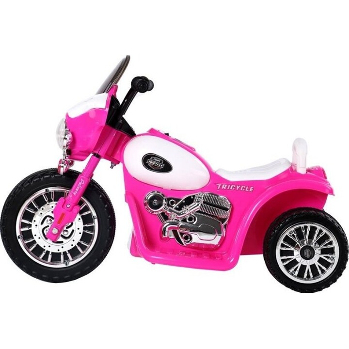 Triciclo policial infantil JT568 movido a bateria, com LED rosa escuro.