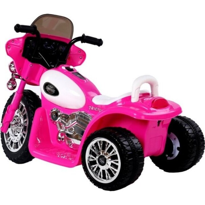 Triciclo policial infantil JT568 movido a bateria, com LED rosa escuro.