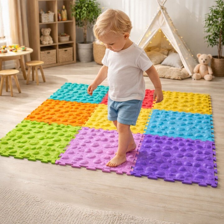 Rompecabezas sensorial con piezas de diferentes estructuras y colores, 24,5 cm, 10 unidades.
