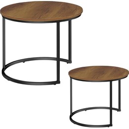 Conjunto de 2 mesas de centro redondas em madeira natural vintage, 70x50cm e 45x44cm.