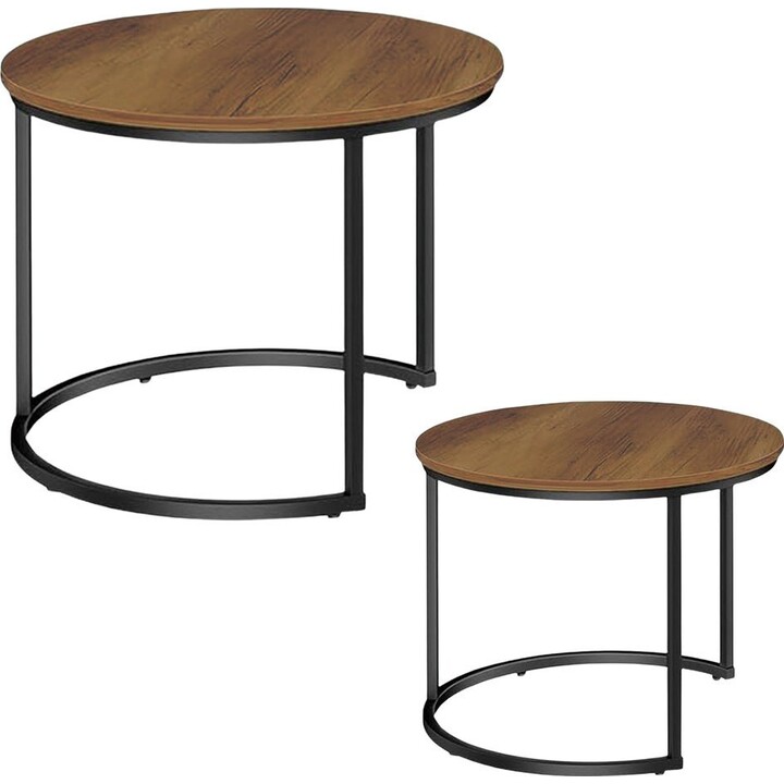 Vintage natural wood 2-in-1 round coffee table set, 70x50cm and 45x44cm.