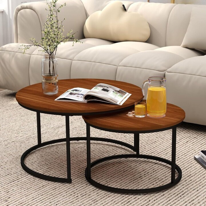 Vintage natural wood 2-in-1 round coffee table set, 70x50cm and 45x44cm.