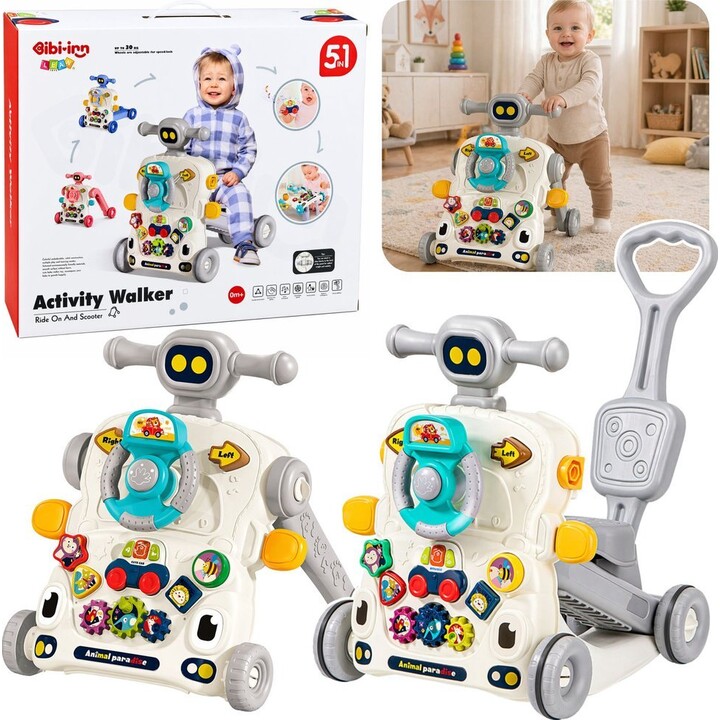 5-in-1 educational interactive bicycle, walker, push toy, table and scooter, gray color.