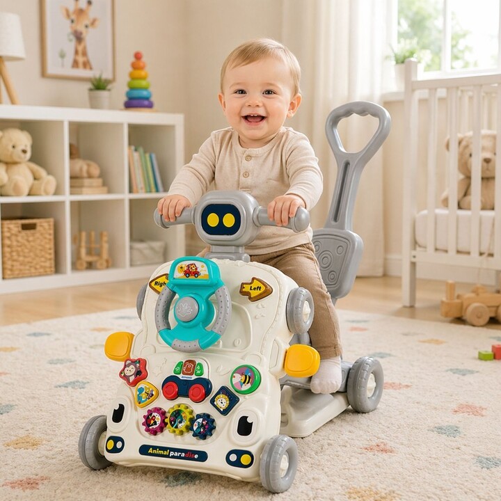 5-in-1 educational interactive bicycle, walker, push toy, table and scooter, gray color.