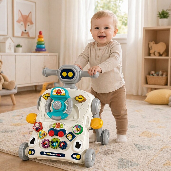 5-in-1 educational interactive bicycle, walker, push toy, table and scooter, gray color.