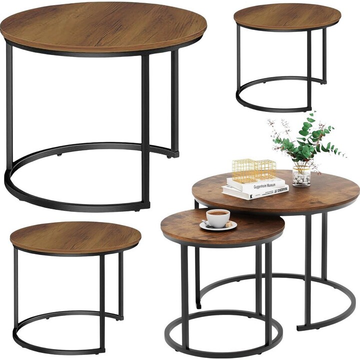 Zestaw Okrągłe Stoliki Kawowe 3w1 Vintage Naturalne Drewno 51cm 40cm 30cm