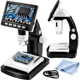 Microscópio digital educacional com tela LCD de 4,3 polegadas, USB, LED e ampliação de 1000x.