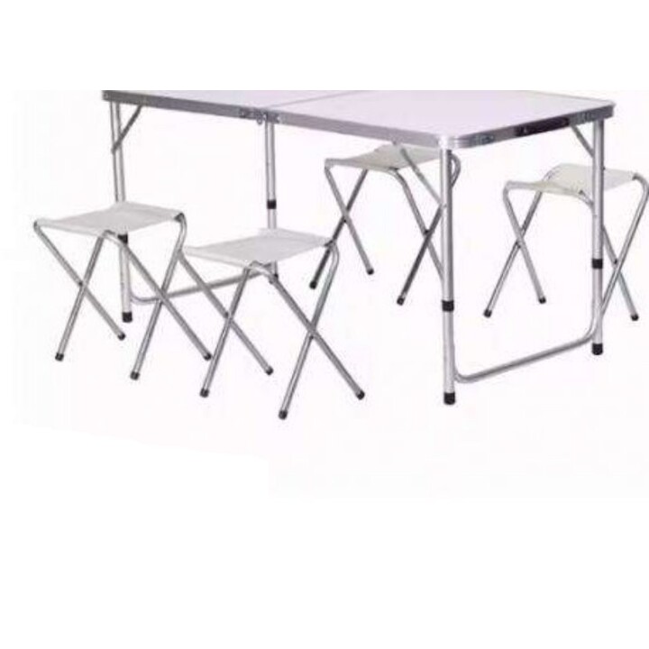 Folding camping table set with 4 chairs, grey color.