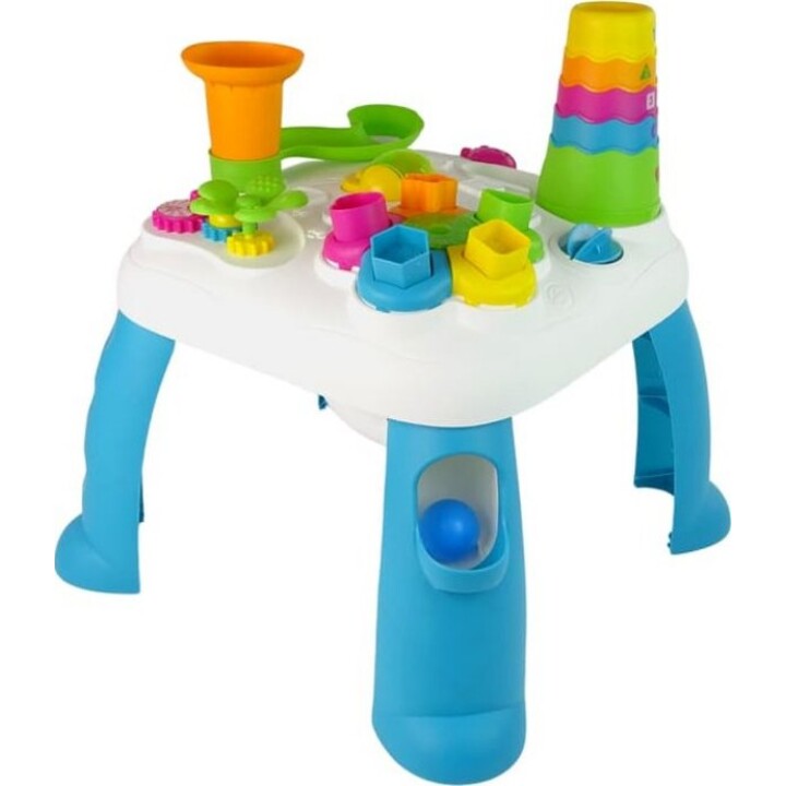 Interactive educational table with ball sorter and blue slide