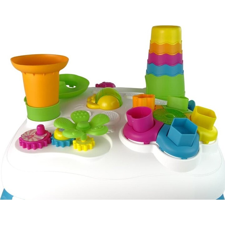 Interactive educational table with ball sorter and blue slide