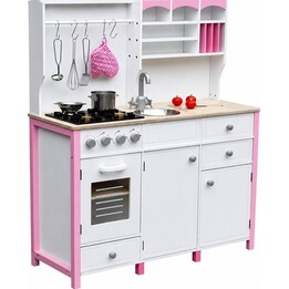 Cocina infantil de madera rosa y blanca Paula con elementos de apertura
