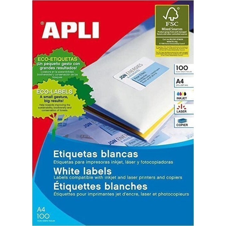 APLI Etichetta adesiva apli 1295 formato 70x50,8 mm scatola per fotocopiatrice laser a getto d´inchiostro con 100 fogli din 
