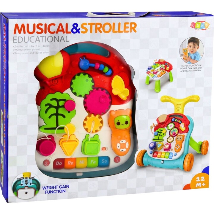 Andador educativo com mesa de empurrar e painel interativo multicolorido 5 em 1.