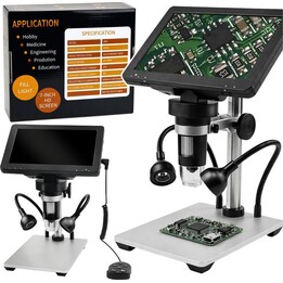 Microscopio digital educativo con control remoto, cable, pantalla LCD de 1200 aumentos y cámara HD de 7 pulgadas.