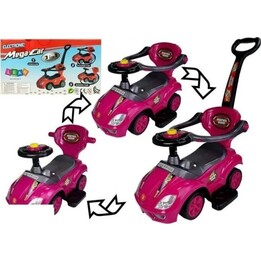Carrinho de bebê Mega Car 3 em 1 com alça de empurrar, caixa de armazenamento e som, na cor rosa.
