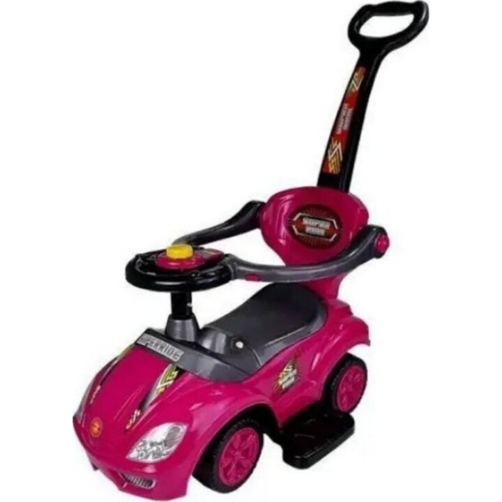 Mega Car 3-in-1 stroller with push handle for children, with storage box and sound, pink color