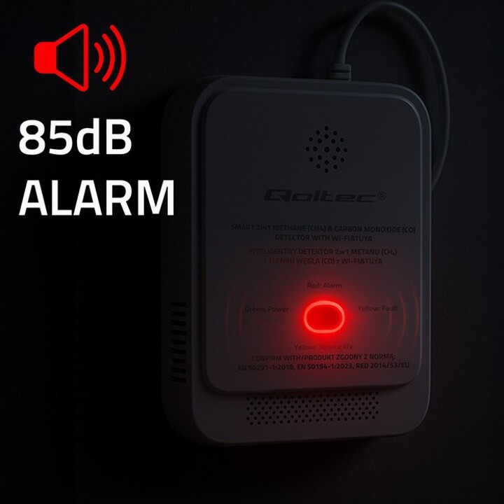 Qoltec 52654 2-in-1 Natural Gas and Carbon Monoxide (CO) Leak Detector | CH4 | QUÉ | NG | Tuyá | Wi-Fi | 85dB Alarm