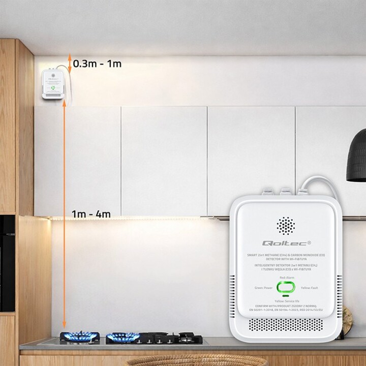 Qoltec 52654 2-in-1 Natural Gas and Carbon Monoxide (CO) Leak Detector | CH4 | QUÉ | NG | Tuyá | Wi-Fi | 85dB Alarm