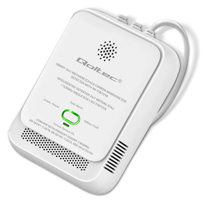 Qoltec 52654 2-in-1 Natural Gas and Carbon Monoxide (CO) Leak Detector | CH4 | QUÉ | NG | Tuyá | Wi-Fi | 85dB Alarm