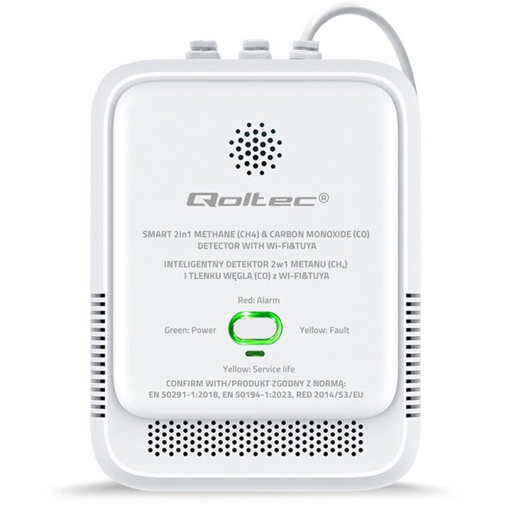 Qoltec 52654 2-in-1 Natural Gas and Carbon Monoxide (CO) Leak Detector | CH4 | QUÉ | NG | Tuyá | Wi-Fi | 85dB Alarm