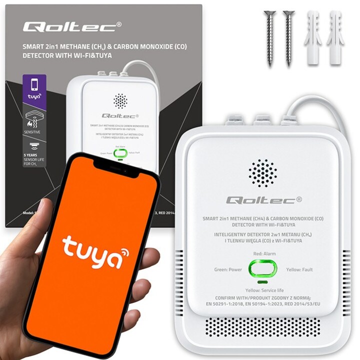Qoltec 52654 2-in-1 Natural Gas and Carbon Monoxide (CO) Leak Detector | CH4 | QUÉ | NG | Tuyá | Wi-Fi | 85dB Alarm