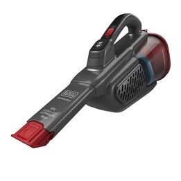 Aspirapolvere portatile Black & Decker Dustbuster, nero, con sacchetto raccoglipolvere rosso.