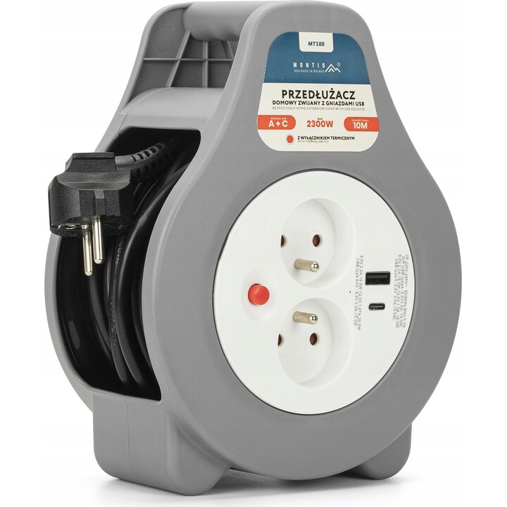Montis Home Extension Cord with USB 10m MT188 2 AC Plugs