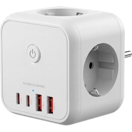 Multipresa Powercube Mars Gaming MD-Cube20W con 4 porte USB e 3 prese di corrente, colore bianco.