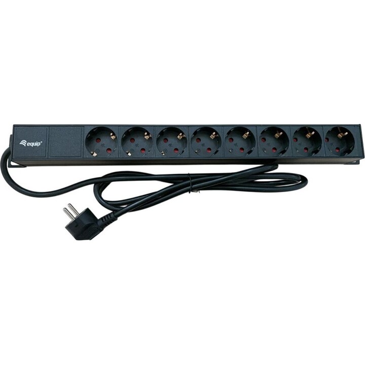 Régua de tomadas de alumínio para rack de 19", 1U, 8 tomadas Schuko Euro com interruptor, cabo de 1,8 m.