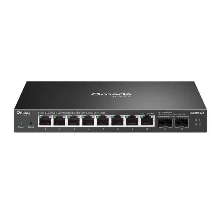 Switch Ethernet gestito TP-Link ES210X-M2 2.5G (100/1000/2500) per montaggio a parete/su scrivania, colore nero.