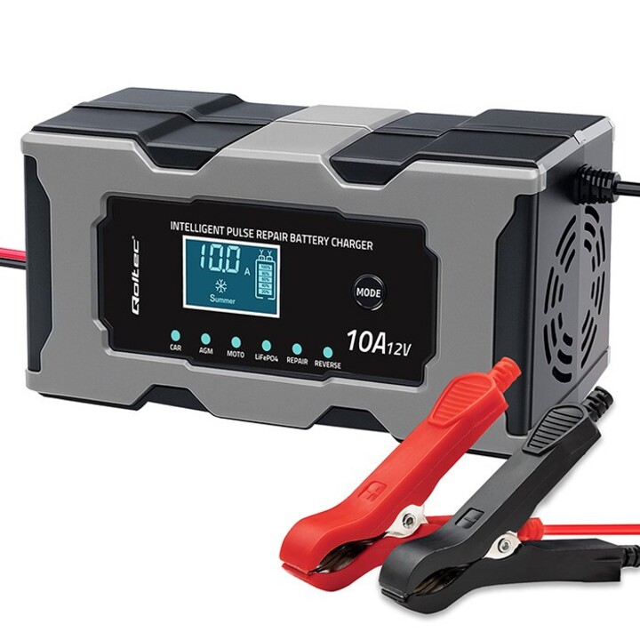 Qoltec 52493 12V 10A Charger | Rectifier with Repair Function for AGM GEL LiFePO4 Batteries | LCD