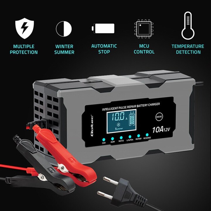 Qoltec 52493 12V 10A Charger | Rectifier with Repair Function for AGM GEL LiFePO4 Batteries | LCD